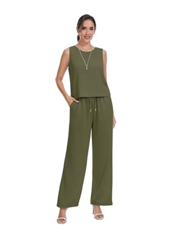 Women's Summer Two Piece Set Button Back Tank Top Flowy Beach Pants - Picture 5 of 7